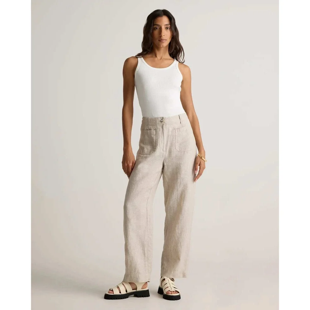 Quince European Linen Straight Leg Pants Oatmeal Flax Beige High Waist 6 NWT